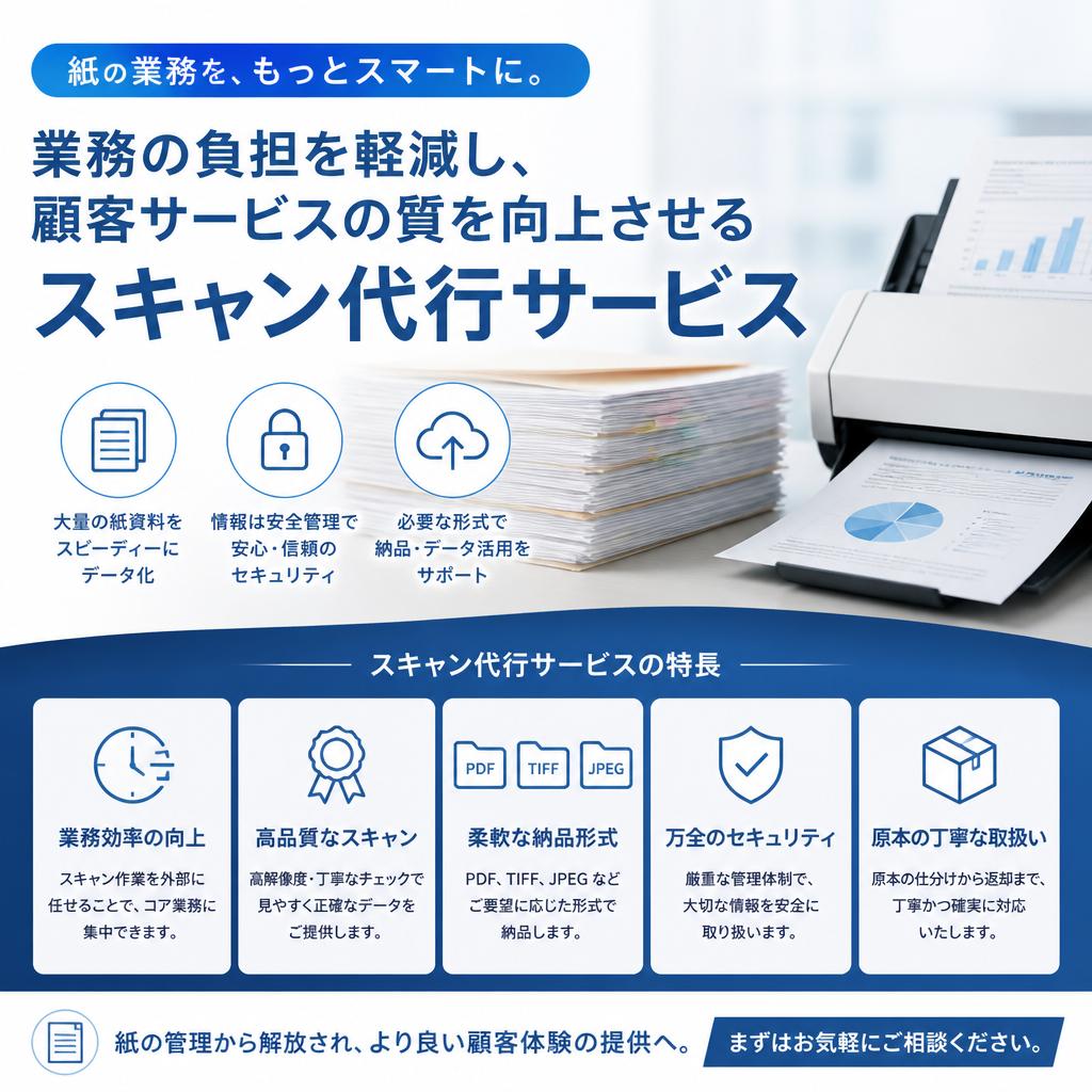 業務の負担を軽減し、顧客サービスの質を向上させるスキャン代行サービス。