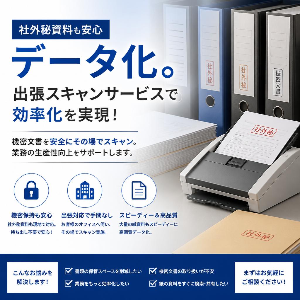 社外秘資料も安心データ化。出張スキャンサービスで効率化を実現！
